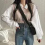Long-Sleeve Collared Mock Two-Piece Two Tone Knit Panel Ribbed Blouse