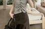 Mock Two-Piece Short-Sleeve Halter Neck Striped Ruched Crop T-Shirt