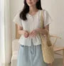 Short-Sleeve Plain Bow Blouse