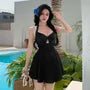 [L-5XL] Set: Halter Cutout Ruched Swimdress + V-Neck Plain Ruffle Cover Up Jacket