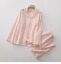 Pajama Set: Long-Sleeve Lapel Collar Lace Trim Button-Up Top + Pants