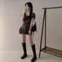 Short-Sleeve Square Neck Plaid Ruffle Trim Asymmetrical Top