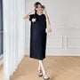 Maternity Short Sleeve Collared Plain Accordion Pleated Knit Midi A-Line Dress