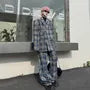 Set: Lapel Collar Plaid Double Breasted Blazer + Mid Rise Wide Leg Pants