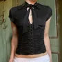 Short Sleeve Tie Collar Dotted Ruched Corset Crop Top