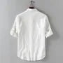 Elbow-Sleeve Stand Collar Linen Plain Shirt