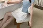 Mock Two-Piece Short-Sleeve Scoop Neck Lace Panel Slit Crop Top / High Waist Layered Mini A-Line Skirt