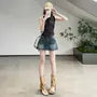 High Waist Washed Denim Mini A-Line Skort