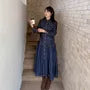 [XL-4XL] Long-Sleeve Collared Contrast Stitched Button-Up Denim Midi A-Line Dress