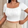 Plus Size Short Sleeve Square-Neck Plain Ruched Slim-Fit Crop Top