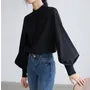 Balloon-Sleeve Long-Sleeve Mandarin-Collar Plain Blouse