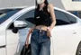 Mid Waist Washed Paneled Wide Leg Jeans