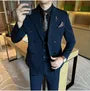 Set: Peak Lapel Plain Double-Breasted Blazer + V-Neck Single-Breasted Vest + High Waist Straight Leg Dress Pants