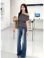Short Sleeve Off Shoulder Striped Slim-Fit T-Shirt