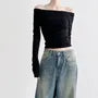 Long Sleeve Off-Shoulder Plain Slim-Fit Top