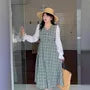 [XL-4XL] Long Sleeve V-Neck Plaid Panel Double Breasted Midi A-Line Dress