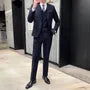 Set: Lapel Collar Plain Single Breasted Blazer + Mid Rise Plain Dress Pants + V-Neck Plain Single Breasted Vest