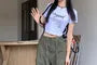 High Rise Plain Wide Leg Cargo Pants / Short-Sleeve Crop T-Shirt