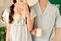 Couple Matching Short-Sleeve V-Neck Striped Lace Panel Midi Pajama Dress / Elbow-Sleeve Lapel Collar Button-Up Top / Shorts / Set