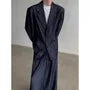 Notch Lapel Washed Single Breasted Denim Blazer / High Waist Wide Leg Jeans
