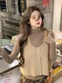 Long Sleeve Turtleneck Plain Top / Scoop Neck Plain Button Sweater Vest