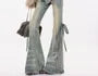 Mid Waist Washed Frayed Skirt Overlay Bell Bottom Jeans