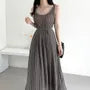 Spaghetti Strap Plain Accordion Pleated Tie-Waist Maxi A-Line Dress