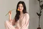 Pajama Set: Long-Sleeve Frill Trim Plain Top + Pants
