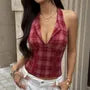 Halter Split Neck Plaid Hook And Eye Open Back Crop Corset Top