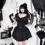 Puff-Sleeve Sweetheart-Neck Plain Lace Ruffle Mini A-Line Dress
