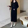Maternity Long-Sleeve Collared Half-Buttoned Plain Midi Shift Knit Dress