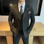 Set: Peak Lapel Plain Double-Breasted Blazer + V-Neck Single-Breasted Vest + High Waist Straight Leg Dress Pants
