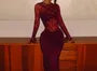 Long Sleeve Crew Neck Plain Ruched Panel Lace Maxi Sheath Dress
