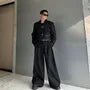 Set: Notch Lapel Plain Cropped Single-Button Blazer + Mid Rise Inverted Pleated Wide Leg Pants