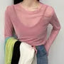 Long-Sleeve Round Neck Plain Mesh T-Shirt