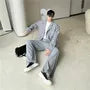 Set: Lapel Collar Plain Single Breasted Blazer + Mid Rise Plain Wide Leg Pants