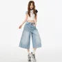 High Waist Washed Wide Leg Jorts