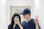 Couple Matching Mock Two-Piece Short-Sleeve Notch Neck Two Tone Crop Tee / Elbow-Sleeve Round Neck Tee