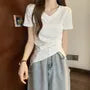 Short-Sleeve V-Neck Plain Ruched Asymmetrical Tee