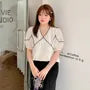 [XL-4XL] Short Sleeve V-Neck Micro Dotted Panel Blouse