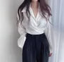 Long-Sleeve Plain Button-Up Wrap Crop Shirt