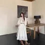 Spaghetti Strap V-Neck Tassel Lace Midi A-Line Dress / Tie Front Plain Long Jacket / Belt
