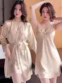 Set: Spaghetti Strap V-Neck Plain Lace Trim Nightdress + Pajama Robe