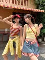 High Waist Gingham Panel Button Fly Denim Mini A-Line Skirt