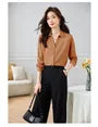 Long-Sleeve V-Neck Collared Plain Button-Up Satin Blouse