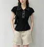 Short Sleeve Collared Lace-Trim Polka Dot Tie-Front Slim-Fit Blouse