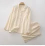 Pajama Set: Long-Sleeve Lapel Collar Lace Trim Button-Up Top + Pants