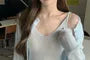 Set: Round Neck Plain Pointelle Cardigan + Ruffle Trim Knit Cami Top