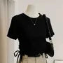 Short-Sleeve Crew Neck Plain Lace Up T-Shirt