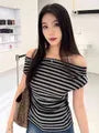 Short Sleeve Off Shoulder Striped Slim-Fit T-Shirt